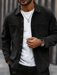 [Corduroy Casual Shirt] Light Blue Corduroy Men's Casual Shirt Jacket | Classic Collar, Button-Up Long Sleeve with Double Chest Pockets, Perfect for Spring & Fall, Everyday Fashion, Street Style, and Office Wear