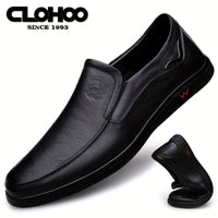 CLOHOO Men's Slip-On Casual Shoes - Genuine Leather Upper, Rubber Sole with PU Cushioned Insole, All-Season Comfort for Business & Vacation, Brown/Black, Casual Footwear | Classic Slipon | Rubber Sole Footwear