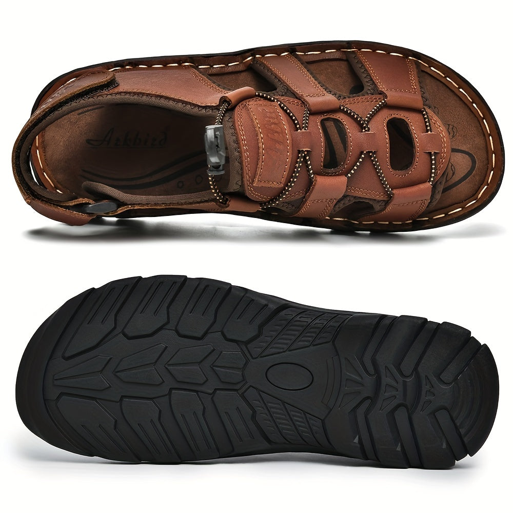 Plus Size Men's Top Grain Leather Vintage Old School Style Open Toe Breathable Sandals With Adjustable Buckle, Comfy Non Slip Durable Beach Water Shoes, Men's Footwear