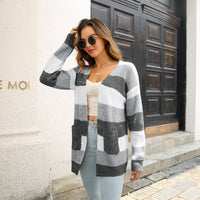 Striped Colorblock V-neck Cardigans, Casual Loose Drop Shoulder Long Sleeve Fall Winter Knit Cardigan, Women's Clothing