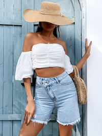 Ripped Raw Hem Stepped Waist Bermuda Jorts Denim Shorts, Distressed Washed Blue Denim Shorts, Women's Denim Jeans & Clothing