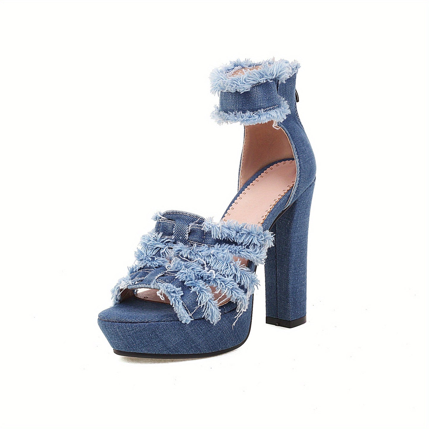 Womens Denim Platform Heels - Stylish Peep Toe Sandals with Ankle Strap & Back Zipper - High Heels for Versatile Dressy Looks