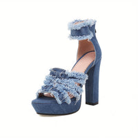 Womens Denim Platform Heels - Stylish Peep Toe Sandals with Ankle Strap & Back Zipper - High Heels for Versatile Dressy Looks