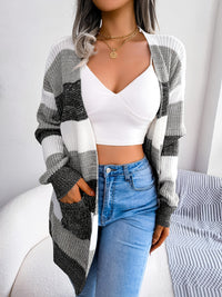 Striped Colorblock V-neck Cardigans, Casual Loose Drop Shoulder Long Sleeve Fall Winter Knit Cardigan, Women's Clothing