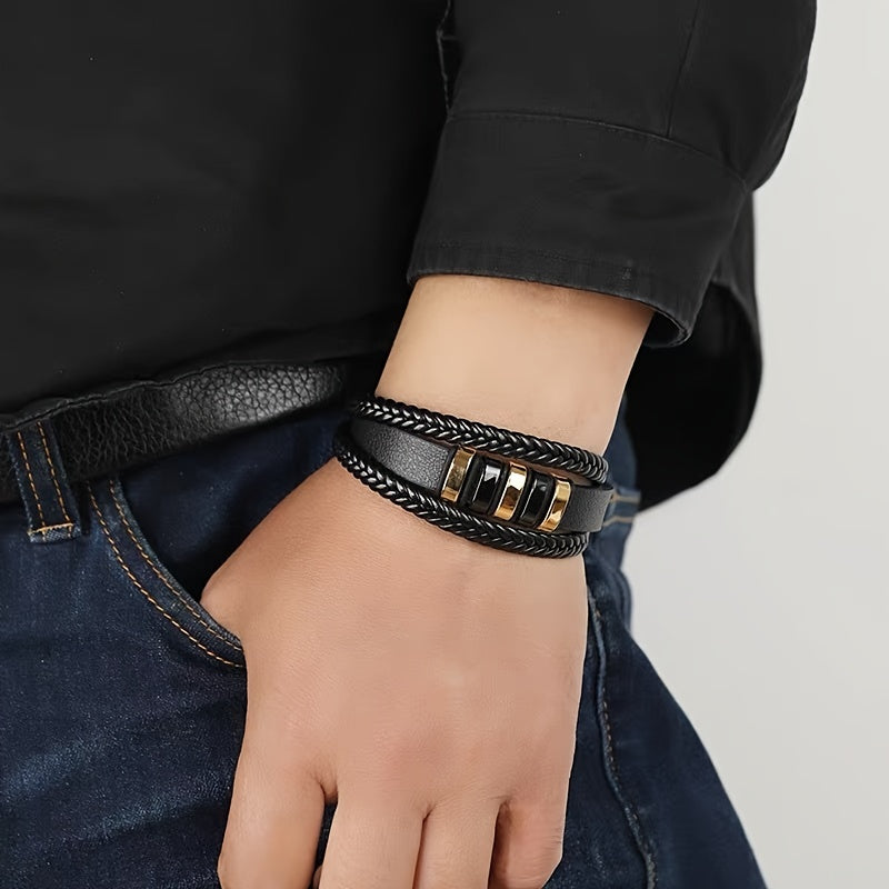 Men's Magnetic Clasp Faux Leather Woven Multilayer Bracelet - Golden-Tone Accents, Minimalist Modern Design for Casual & Formal Wear