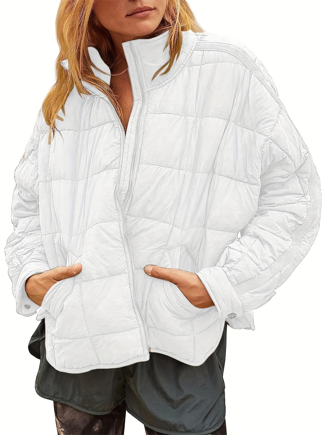 Zip Up Solid Coat, Casual Long Sleeve Winter Warm Versatile Outerwear, Women's Clothing