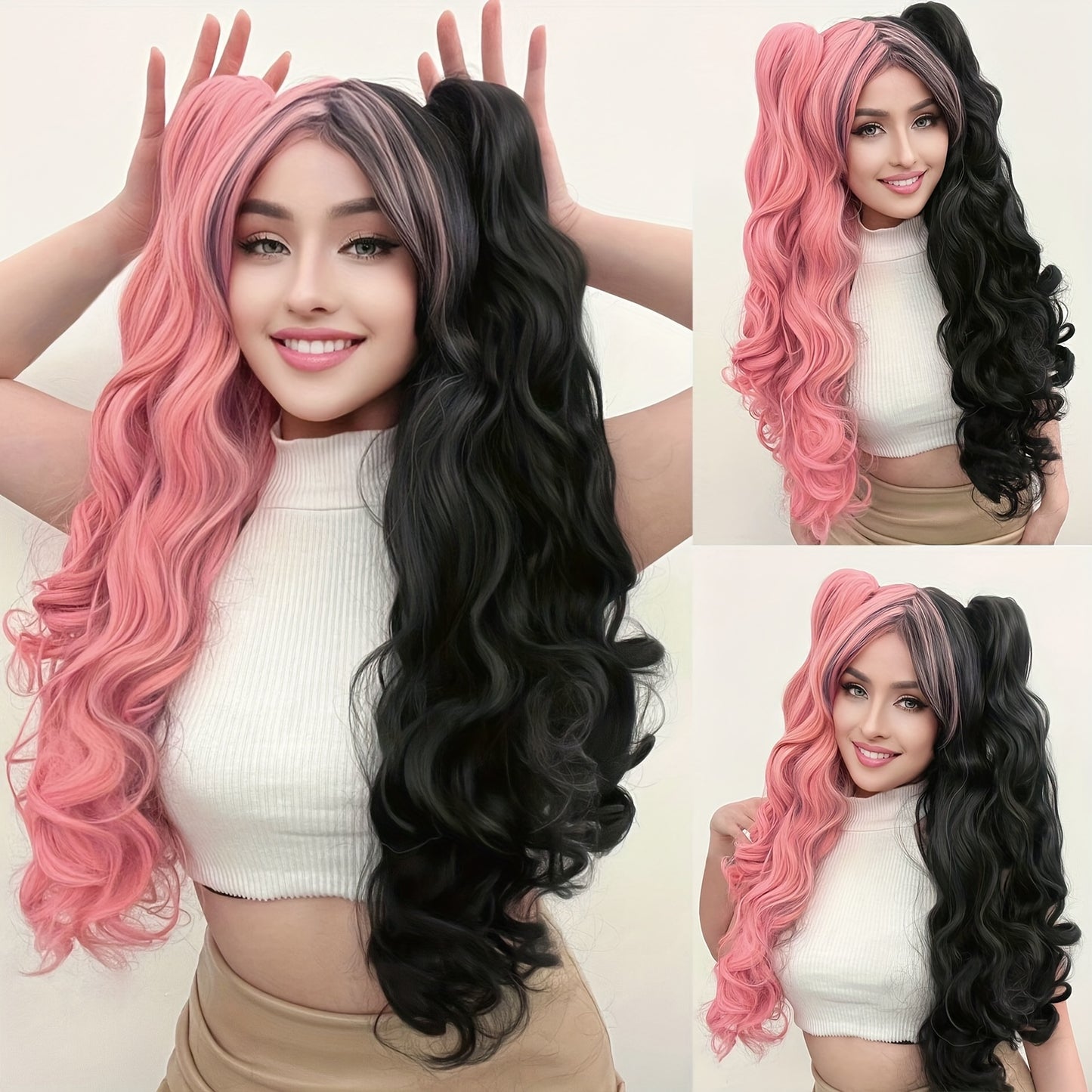 Ponytail Wig Synthetic Long Black And White Color Blocking White Blue Red Colored Curly Cosplay Wig With Double Ponytails For Black Friday Halloween Christmas Thanksgiving Day For Music Festival