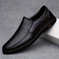 CLOHOO Men's Slip-On Casual Shoes - Genuine Leather Upper, Rubber Sole with PU Cushioned Insole, All-Season Comfort for Business & Vacation, Brown/Black, Casual Footwear | Classic Slipon | Rubber Sole Footwear