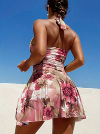 Flattering Ruched Vintage Floral Swimsuit - Chic Halter Tie Neck, Stretchy One-piece Swim Dress - Womens Bathing Suit with Adjustable Detailing