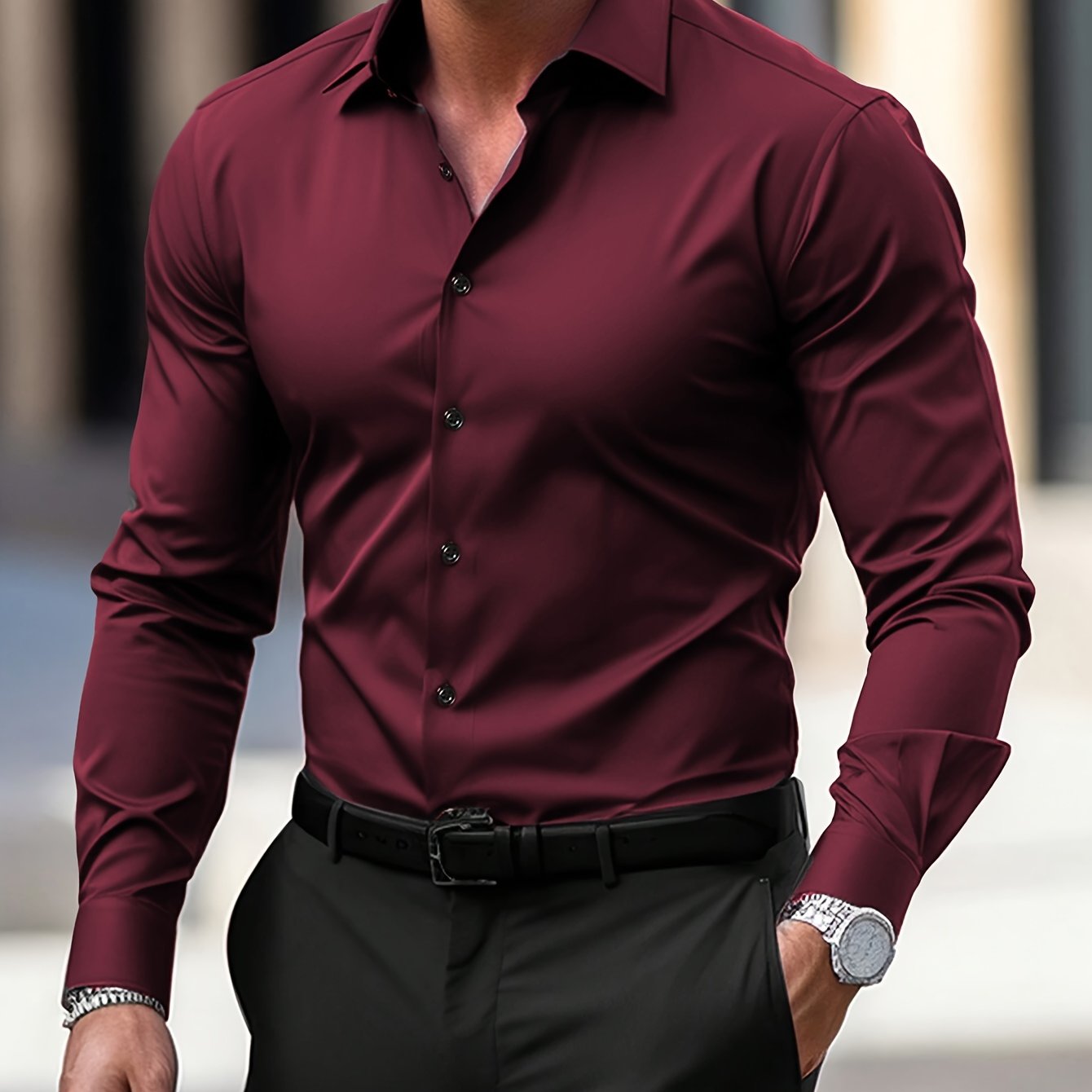 Elegant Solid Color Men'S Dress Shirt - Polyester Woven Fabric, Regular Fit, Button-Down Collar, All-Season Comfort, Ideal Gift for Partners