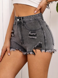 Ripped Raw Hem Denim Shorts, Distressed Washed Grey Denim Shorts, Women's Denim Jeans & Clothing