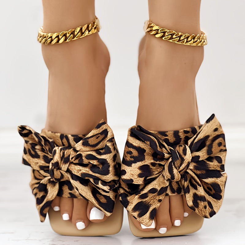 Womens Fashion Leopard Print Bowknot Flat Slides - Comfortable Slip-On Open Toe Slide Sandals with Strappy Back, Rubber Sole, and Synthetic Leather Insole - Perfect for Casual Daily Wear