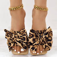 Womens Fashion Leopard Print Bowknot Flat Slides - Comfortable Slip-On Open Toe Slide Sandals with Strappy Back, Rubber Sole, and Synthetic Leather Insole - Perfect for Casual Daily Wear