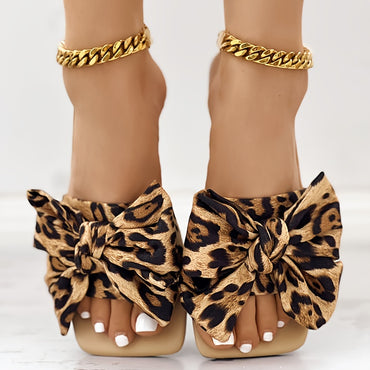 Womens Fashion Leopard Print Bowknot Flat Slides - Comfortable Slip-On Open Toe Slide Sandals with Strappy Back, Rubber Sole, and Synthetic Leather Insole - Perfect for Casual Daily Wear