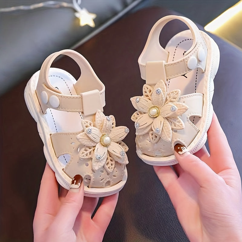 Girls Baby Flower Trendy Breathable Closed Toe Sandals, Lightweight Soft Sandals Crib Shoes For Indoor Outdoor Spring