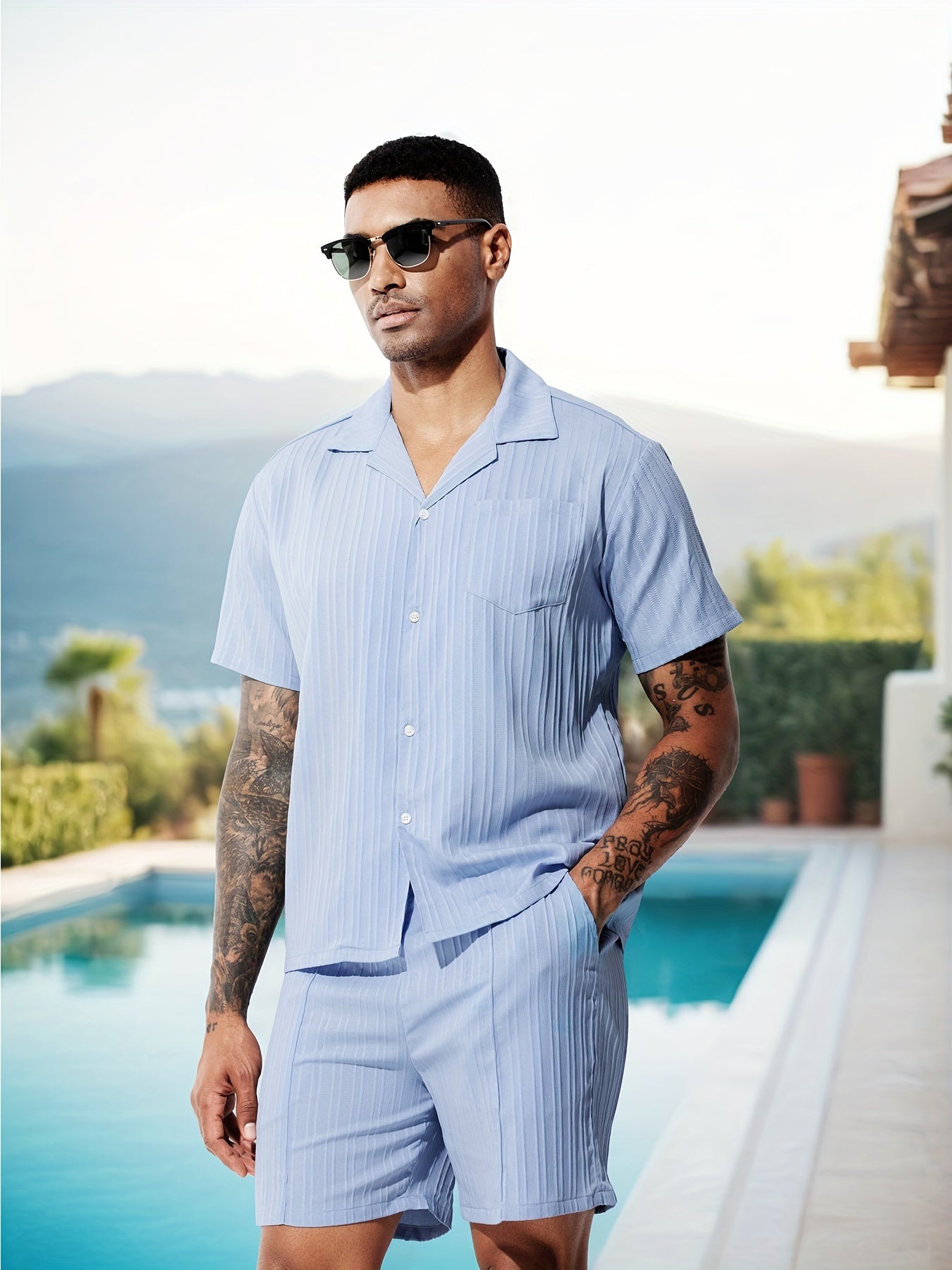 Men's Casual Shirt Set, Men's Casual Striped Shirt and Drawstring Striped Shorts Set, Men's Suit Collar Shirt Suit. Men's Summer Vacation, Everyday Wear Shirt Suit