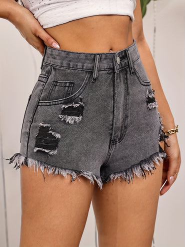 Ripped Raw Hem Denim Shorts, Distressed Washed Grey Denim Shorts, Women's Denim Jeans & Clothing