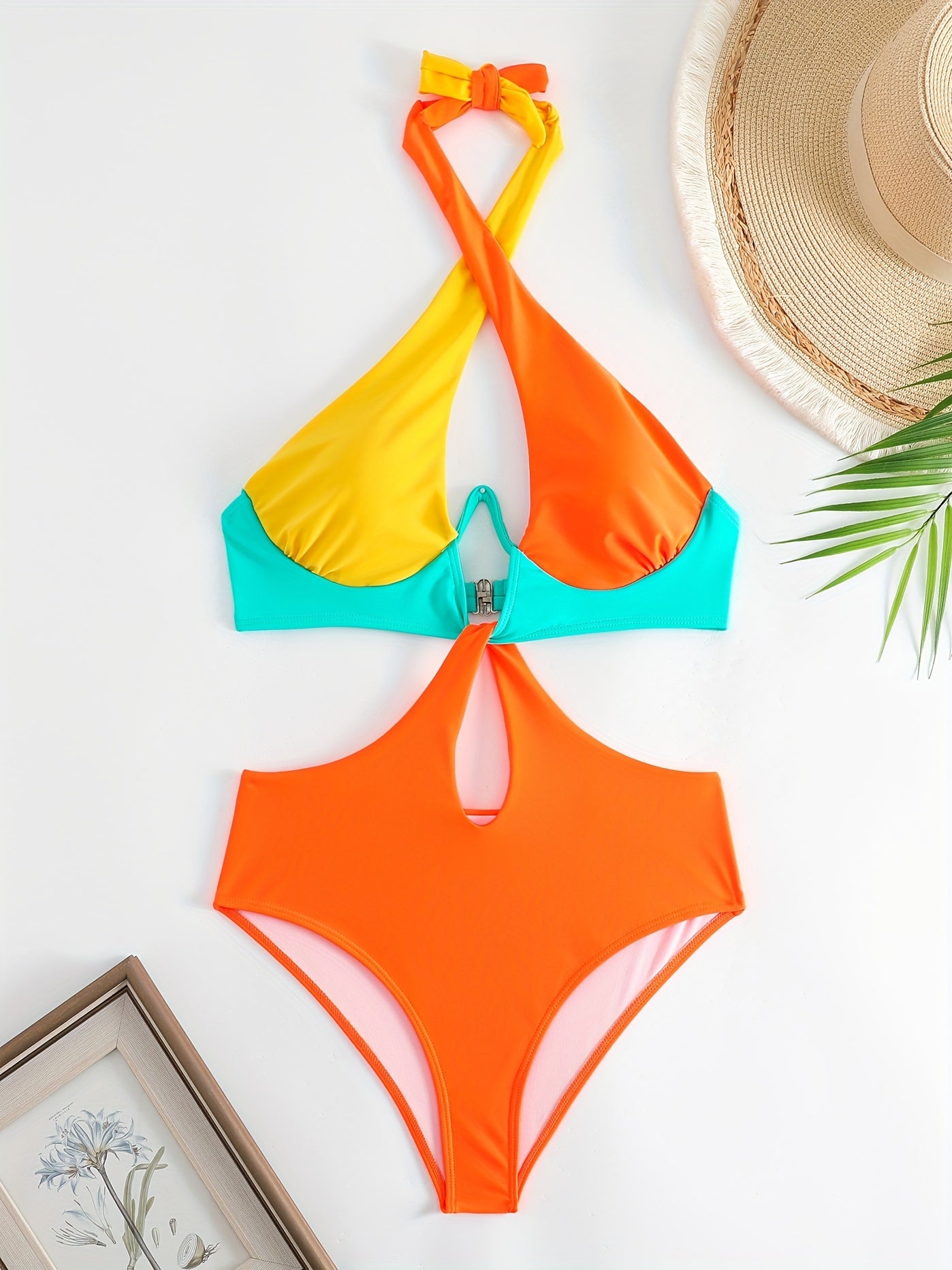 Colorblock Halter Neck One Piece Swimsuit, Cut Out Backless High Cut Bathing Suit, Women's Swimwear & Clothing