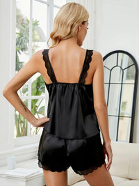 [Sexy, Satin Pajama Set] Sexy Lace Trim Satin Pajama Set | Sleeveless Tops & Shorts Set, Women's Sleepwear