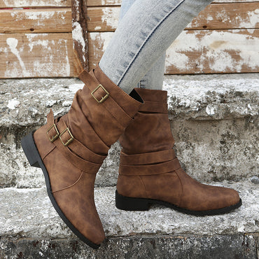 Mid Calf Ruched Buckle Solid Color Retro Western Short Boots For Women Cowboy Boots