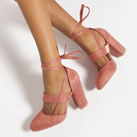 [Elegant Sandals] Elegant High Heel Sandals | Women's - Solid Color Fabric Upper, Round Toe, Lace-Up Ankle Strap, Block Heel, Rubber Sole, Man-Made Insole & Inner Material