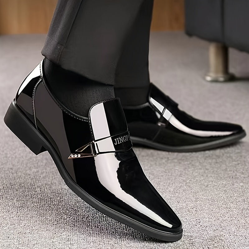 Men's Solid Color Faux Patent Leather Upper Slip On Loafer Shoes, Comfy Non Slip Casual Business Style Dress Shoes, Men's Footwear