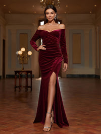 Stunning Off-Shoulder Ruched Bodycon Dress - Elegant Long Sleeve Party Dresses for Women - Split Thigh, Flattering Fit, and Chic Design for Banquet and Special Occasions