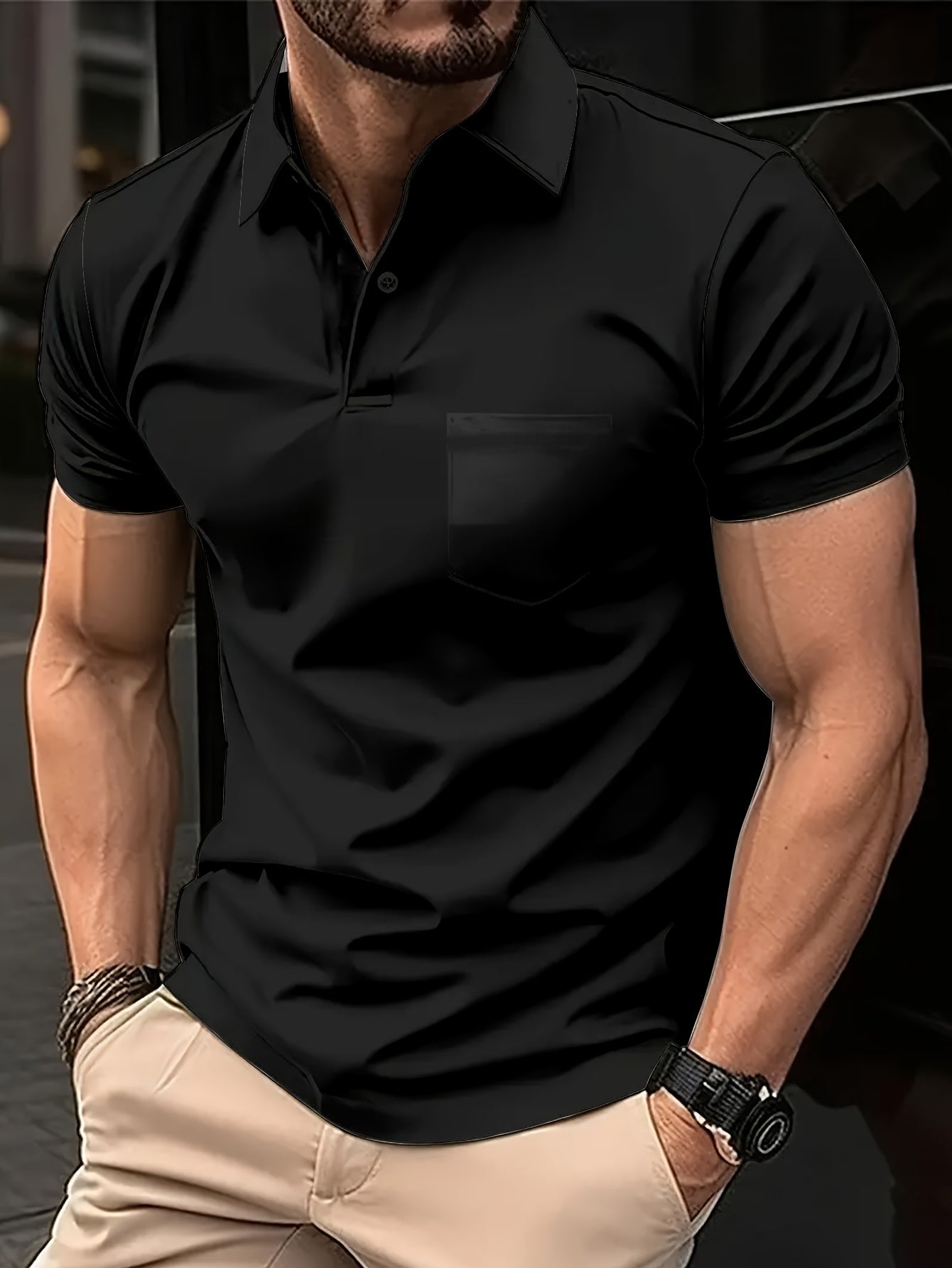 Classic Fit, Men's Casual Shirt with Chest Pocket - Breathable, Stretch Fabric for Golf & Tennis - Solid Color, Short Sleeve, Button Detail