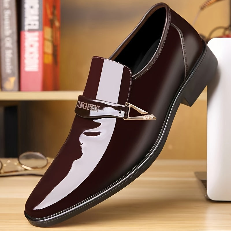 Men's Solid Color Faux Patent Leather Upper Slip On Loafer Shoes, Comfy Non Slip Casual Business Style Dress Shoes, Men's Footwear