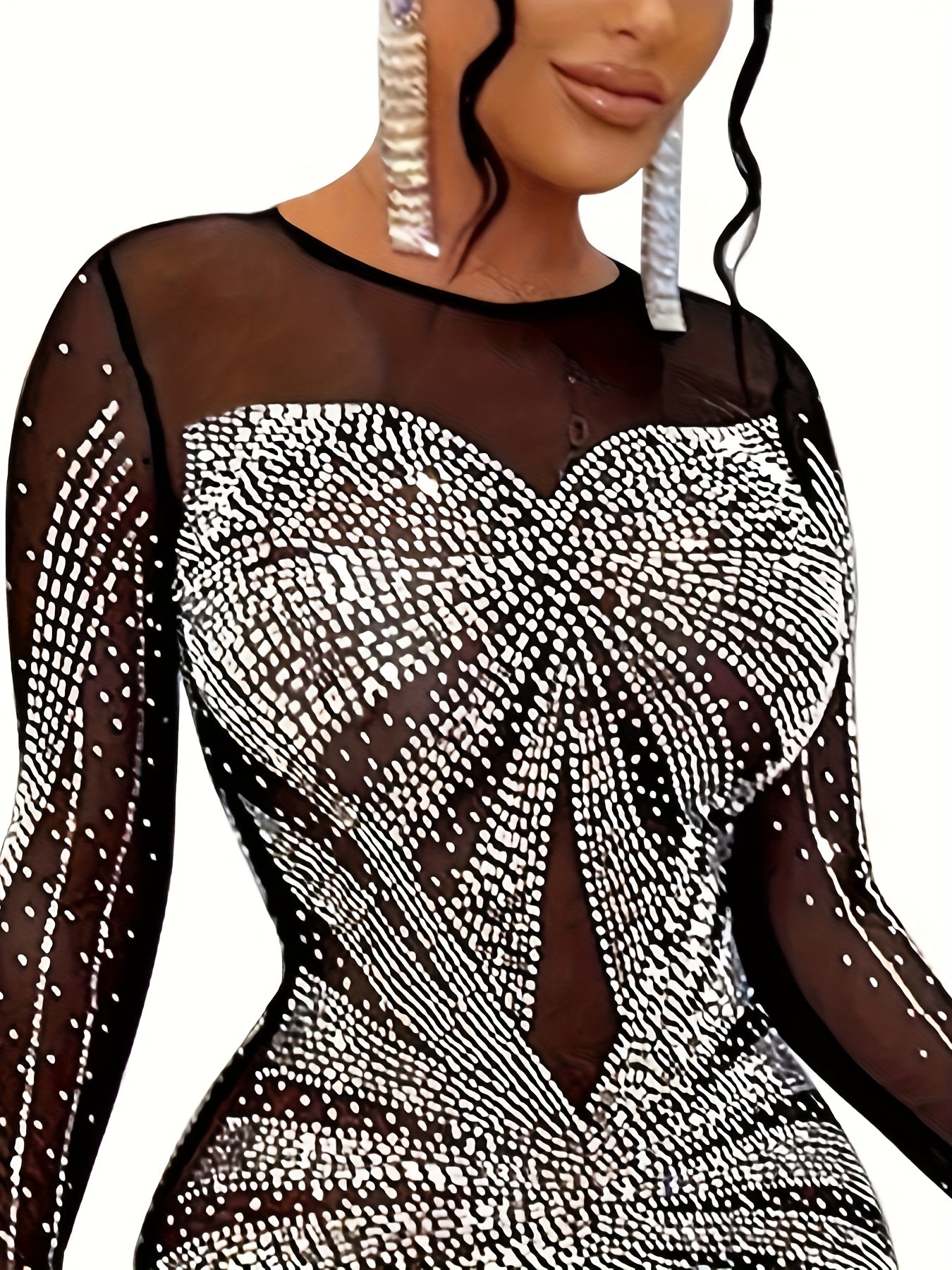 Women's Elegant Party & Formal Dress - Long Sleeve Glamorous Evening Gown with Rhinestone Accentuation, Semi-Sheer Mesh Fabric, Year-Round Event Attire for Galas, Proms, Weddings - Ready-to-Wear Collection, Party Dresses, Gal