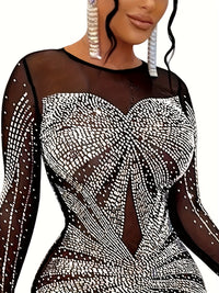 Women's Elegant Party & Formal Dress - Long Sleeve Glamorous Evening Gown with Rhinestone Accentuation, Semi-Sheer Mesh Fabric, Year-Round Event Attire for Galas, Proms, Weddings - Ready-to-Wear Collection, Party Dresses, Gal