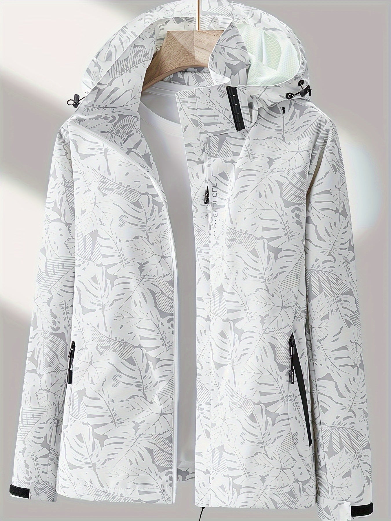 [Tropical Hooded Jacket] Lightweight Women's Hooded Jacket | Casual Zip-Up Outdoor with Tropical Leaf Print, Removable Hood & Adjustable Cuffs for Spring Summer Fall, Hiking, Travel, Camping, Camping Gear
