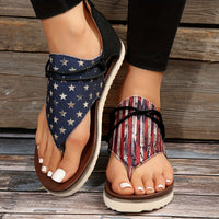 [Vintage Gladiator Sandals] Vintage Style Gladiator Sandals - Striped Independence Day Flat Heel with Zip Closure, Split Toe Design, EVA Sole, Faux Cover Insole & Lining