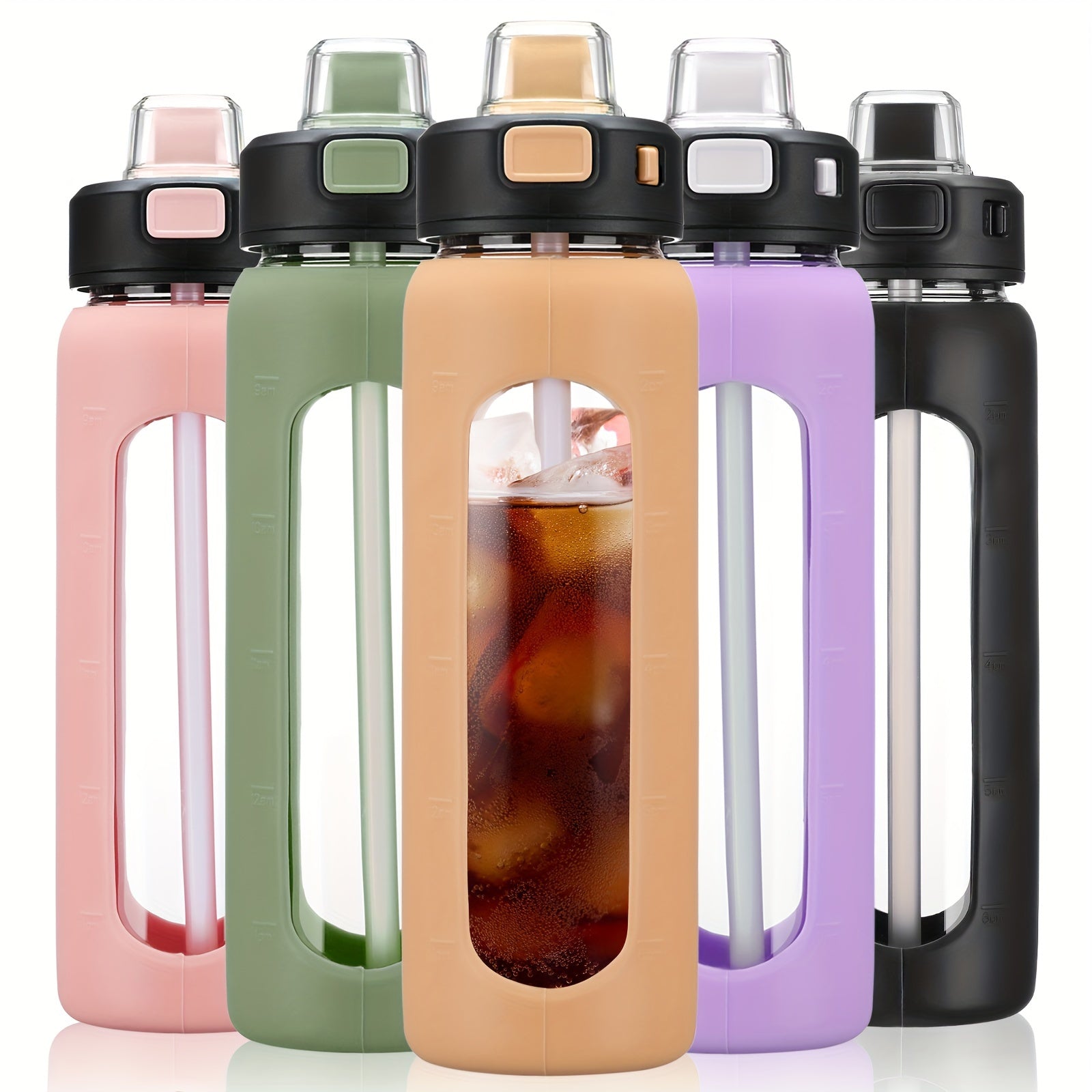 MUKOKO 24oz Glass Water Bottle With Straw, Motivational Water Bottles With Time Marker And Silicone Sleeve, Glass Bottle With Locking Lid And Carry Loop