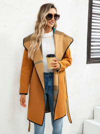 Waterfall Collar Contrast Trim Coat, Casual Open Front Long Sleeve Outerwear, Women's Clothing