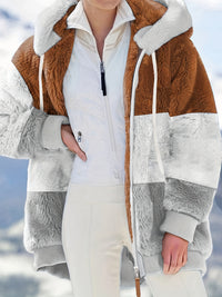 Plus Size Colorblock Fuzzy Hoodie Drawstring Zip Up Coat, Women's Plus Pocket Casual Overcoat