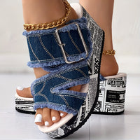 Women's Letter Print & Denim Canvas Sandals, Slip-on Buckle Wedge Heel Shoes, Fashion & Summer Women's Shoes