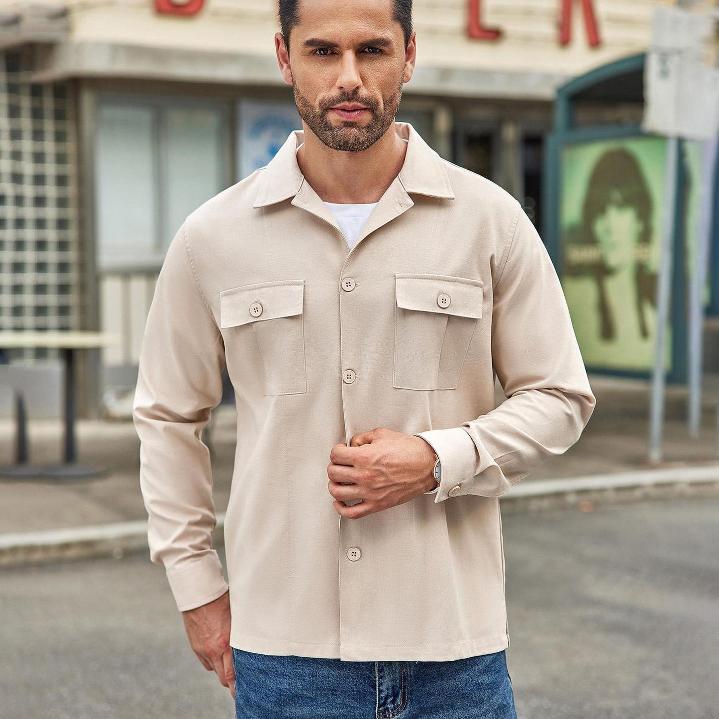 Men's Casual Shirt Jacket Linen Shacket Lightweight Work Coat Button Down Overshirt