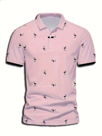Men's Casual Shirt with Striped Collar & Golf Silhouette Pattern - Vibrant Blue, Breathable Fabric, Machine Washable, Regular Fit for Golf & Leisure Wear, Golf Shirt, Active Lifestyle Apparel, Colorful Casualwear, Durable Cas