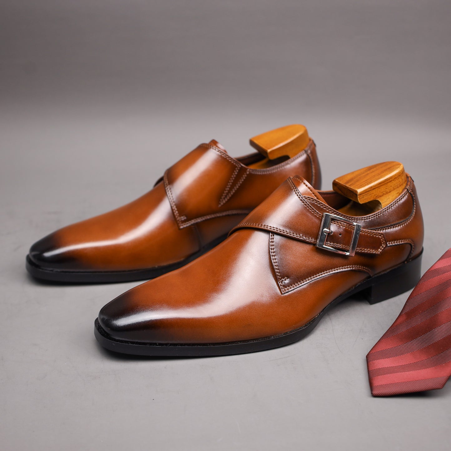 Men's Second Layer Cowhide Upper Solid Color Monk Shoes, Comfy Non Slip Rubber Sole Durable Dress Shoes, Men's Footwear