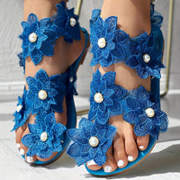 [Flowers Flat Women's Sandals] Women's Flowers Flat Sandals, Fashion Toe Loop Faux Pearl Slip On Shoes, Casual Beach Travel Sandals