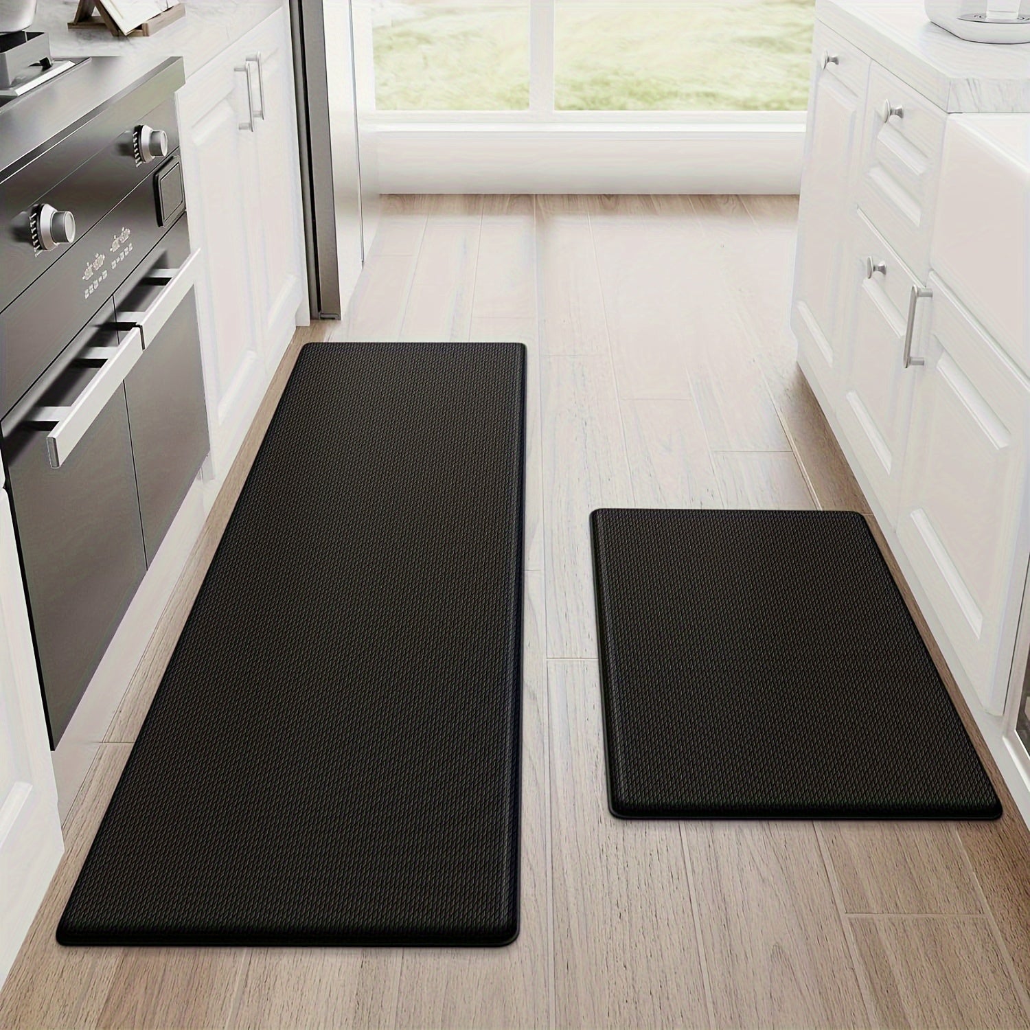 Kitchen Mat [2 PCS] Cushioned Anti-Fatigue Kitchen Rug, Waterproof Non-Slip Kitchen Mats and Rugs Heavy Duty PVC Ergonomic Comfort Foam Rug for Kitchen, Floor Home, Office, Sink, Laundry, black