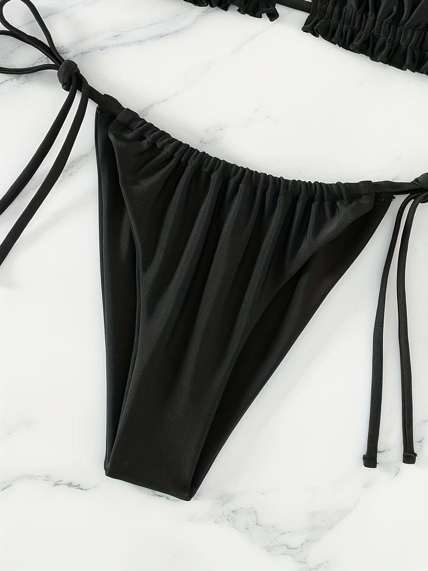 [Ruched Bra Top Bikini] Two Piece Ruched Bra Top Bikini Swimsuit - Double Drawstring Bandeau Tie Side High Cut - Women's Swimwear
