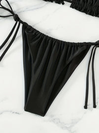 [Ruched Bra Top Bikini] Two Piece Ruched Bra Top Bikini Swimsuit - Double Drawstring Bandeau Tie Side High Cut - Women's Swimwear