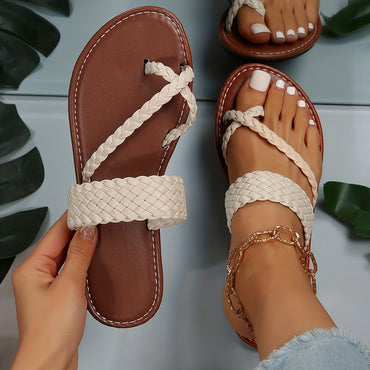 Women's Flat Slide Sandals, Toe Loop Braided Band Slip On Shoes, Casual Beach Slides