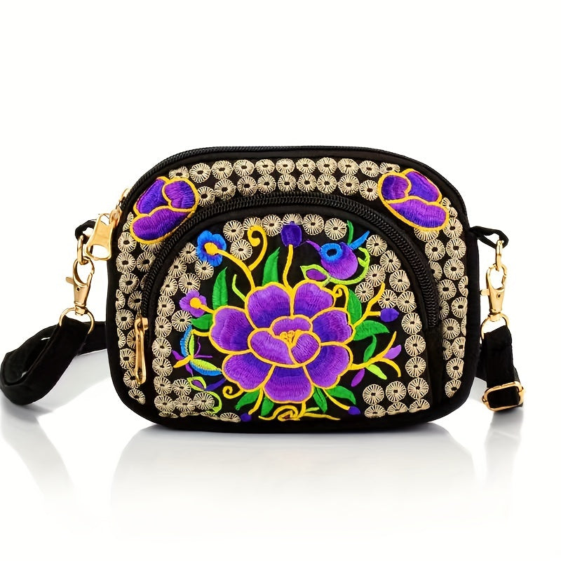 [Vibrant Crossbody Bag] Lightweight Double-Sided Vibrant Floral Embroidered Crossbody Bag for Women | Detachable Strap, Zipper Closure, Phone Pocket - Perfect for Casual Outings, Travel Accessory