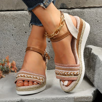 Chic Braided Wedge Sandals - Open Toe Ankle Buckle Adjustables - Elastic Slingback Comfort - Boho Summer Style