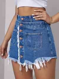 Women's High-Waisted Denim Shorts Skirted Shorts, Distressed Fringe Raw Hem Skorts, Elastic Waist, Loose Fit, Slimming, Preppy Style, Casual Summer Fashion