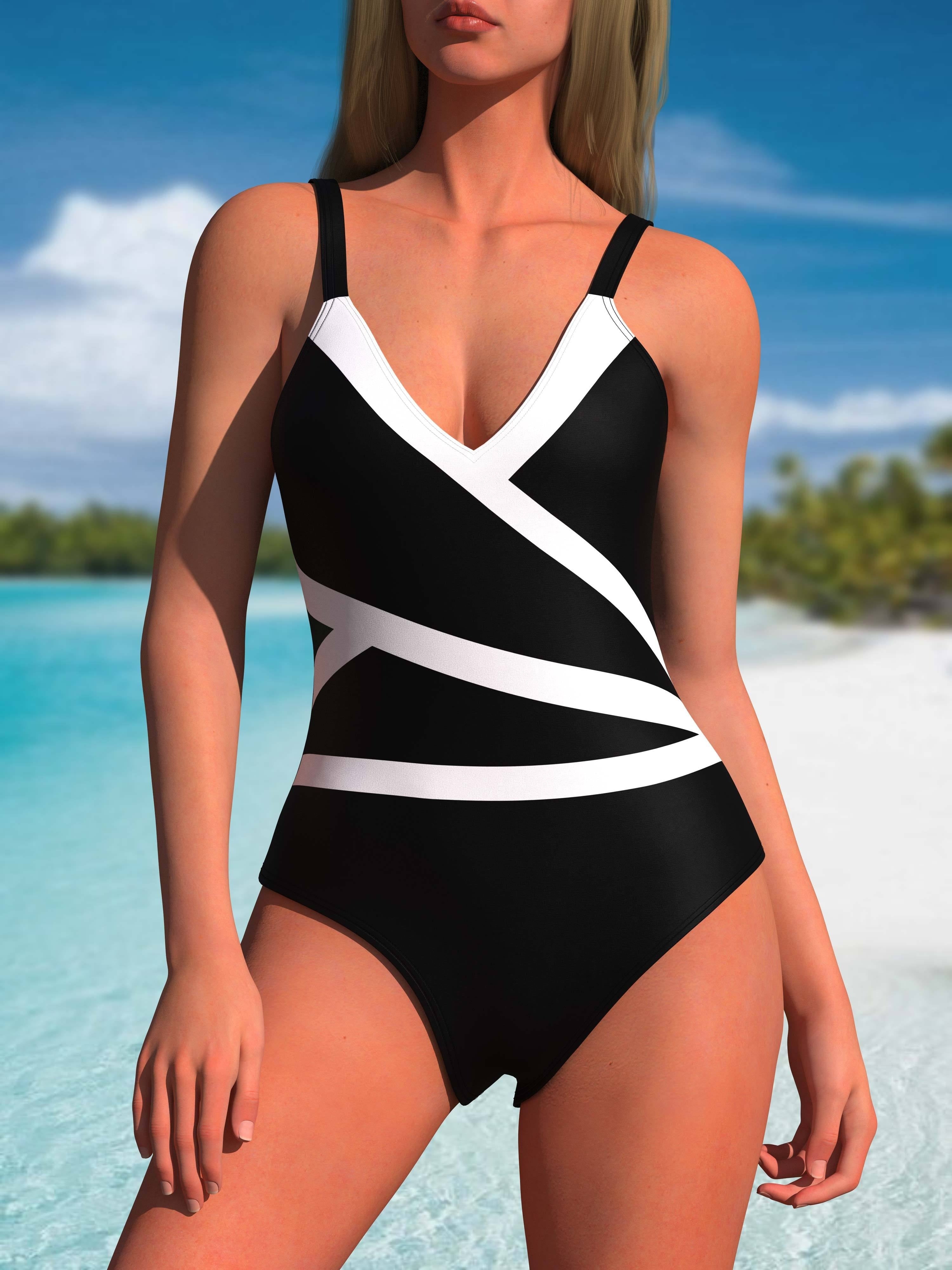 Chic Black & White Color Block V-Neck One-Piece Swimsuit - Stretchy, Slimming & Retro Style - Womens Bathing Suit for a Flattering Beach Look