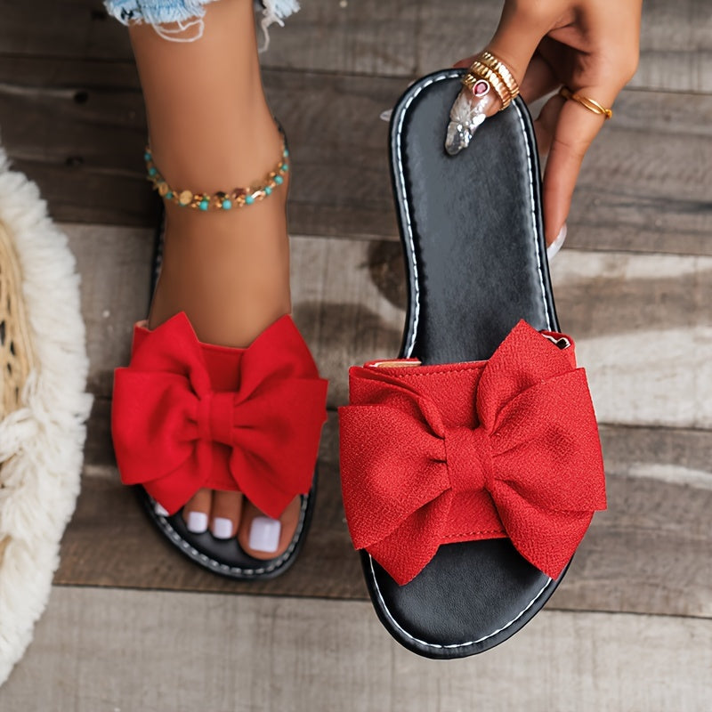 Ladies' Bowknot Flat Sandals, Solid Color Open-Toe Non-Slip Shoes, Casual Outdoor Beach Sandals.